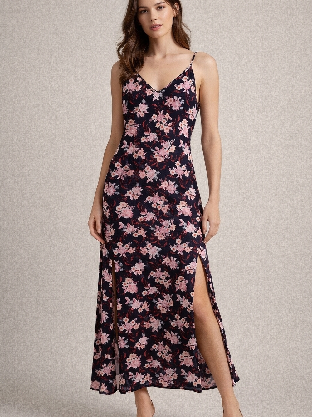 Vintage 90s LOFT Navy Floral Slip Maxi Dress Cottagecore Coastal